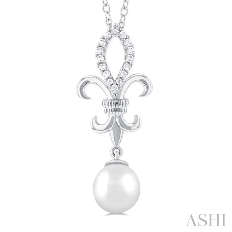 1/10 ctw Fleur De Lis 7X7 MM White Cultured Pearl and Round Cut Diamond Pendant With Chain in 10K White Gold