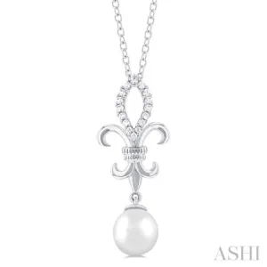 1/10 ctw Fleur De Lis 7X7 MM White Cultured Pearl and Round Cut Diamond Pendant With Chain in 10K White Gold