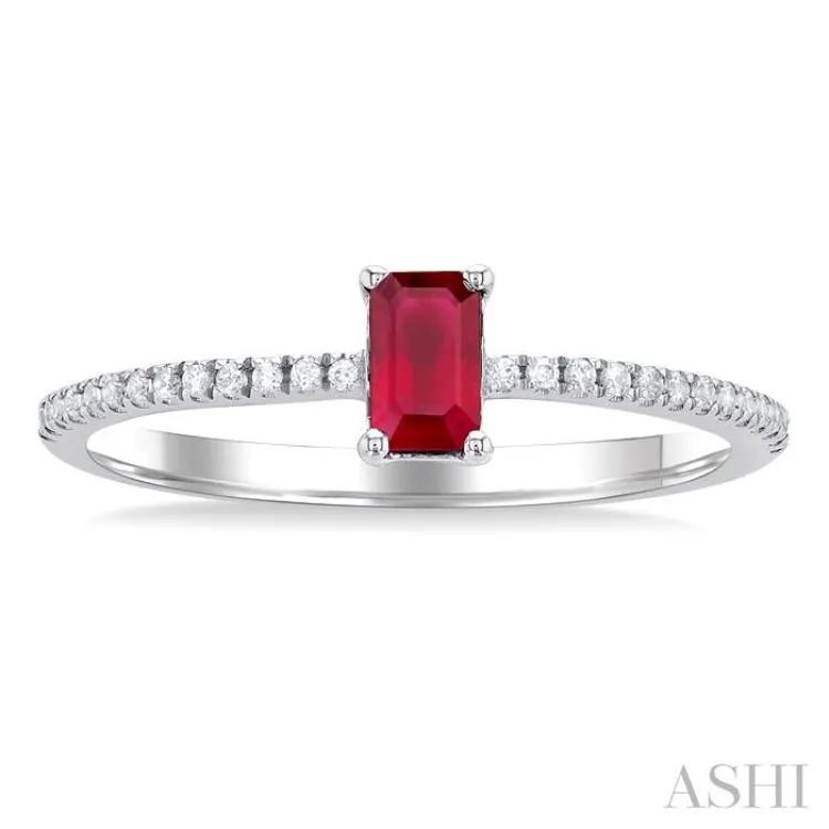 1/10 ctw Petite 5X3MM Emerald Cut Ruby and Round Cut Diamond Precious Fashion Ring in 10K White Gold