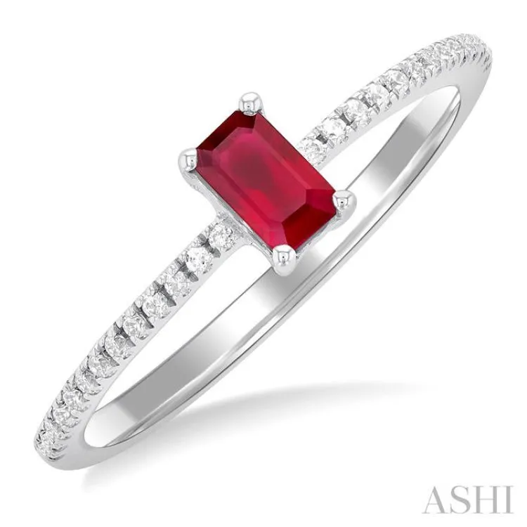 1/10 ctw Petite 5X3MM Emerald Cut Ruby and Round Cut Diamond Precious Fashion Ring in 10K White Gold