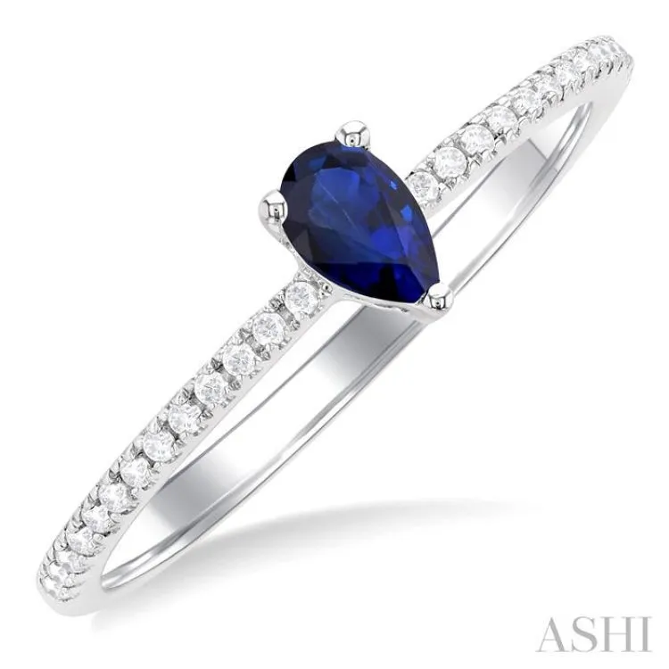 1/10 ctw Petite 5X3MM Pear Cut Sapphire and Round Cut Diamond Precious Fashion Ring in 10K White Gold