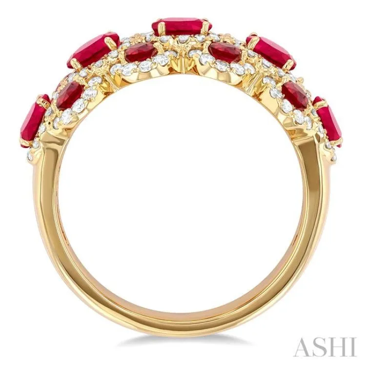 1/2 ctw Scalloped Edge 4X3MM Oval & 2.2MM Round Cut Ruby and Round Cut Diamond Precious Ring in 14K Yellow Gold