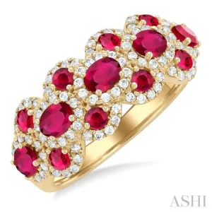 1/2 ctw Scalloped Edge 4X3MM Oval & 2.2MM Round Cut Ruby and Round Cut Diamond Precious Ring in 14K Yellow Gold