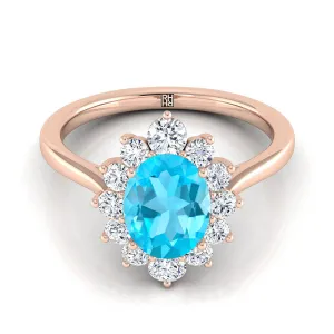 14K Rose Gold Oval Swiss Blue Topaz Floral Diamond Halo Engagement Ring -1/2ctw