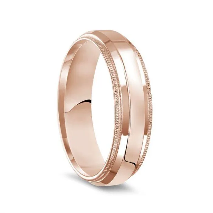 14k Rose Gold Polished Finish Raised Center Ring with Milgrain Edges - 6mm