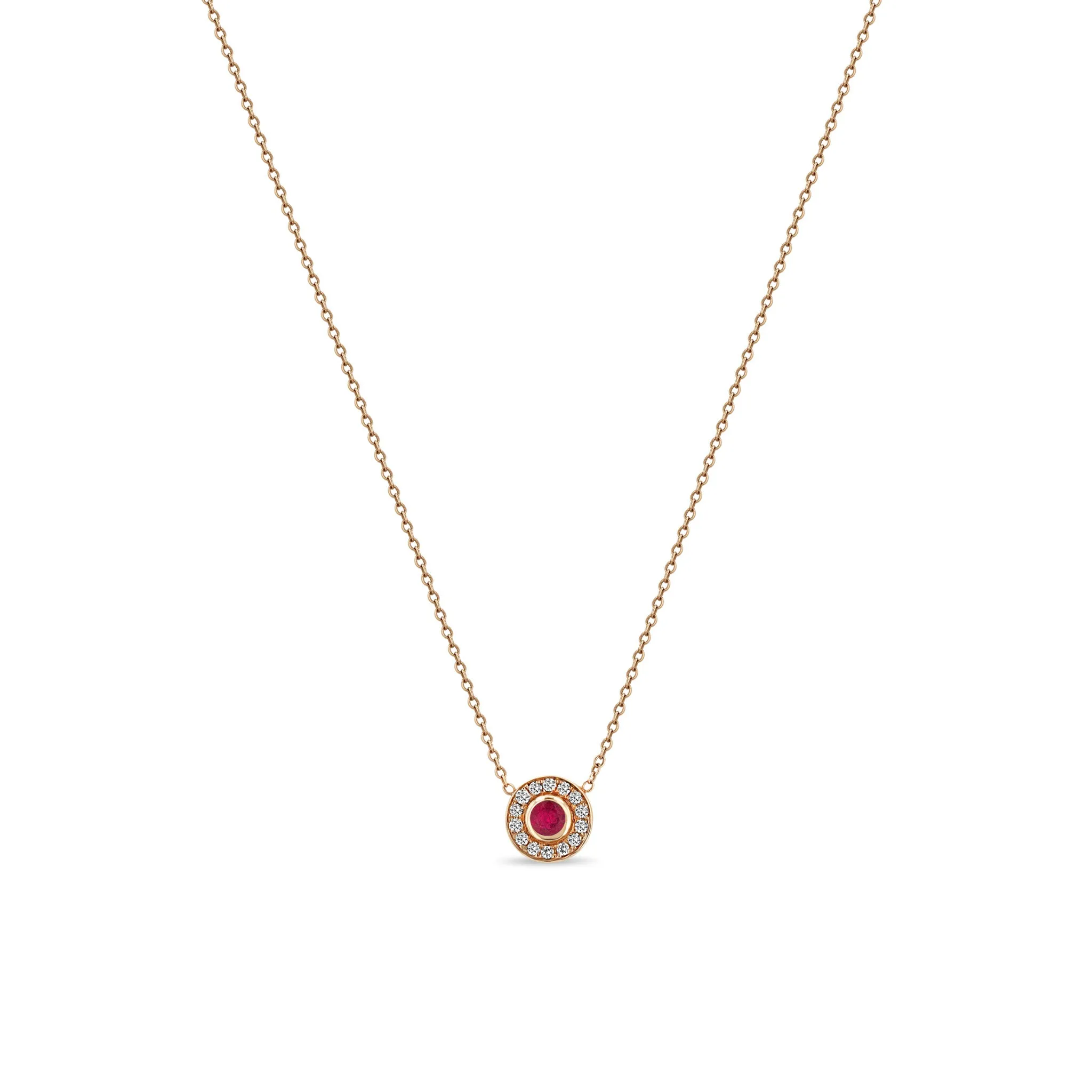 14k Round Ruby & Diamond Halo Necklace