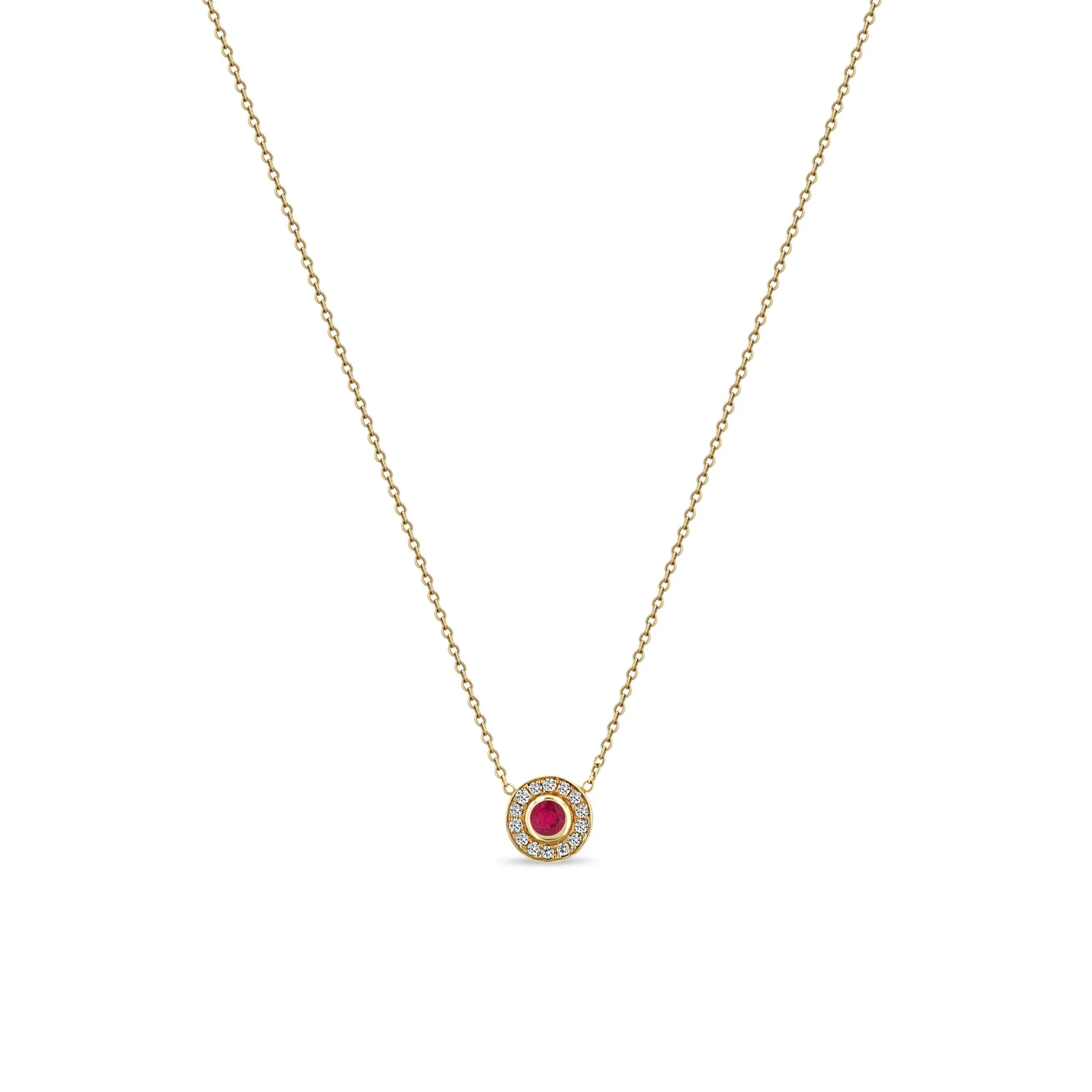 14k Round Ruby & Diamond Halo Necklace