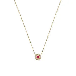 14k Round Ruby & Diamond Halo Necklace