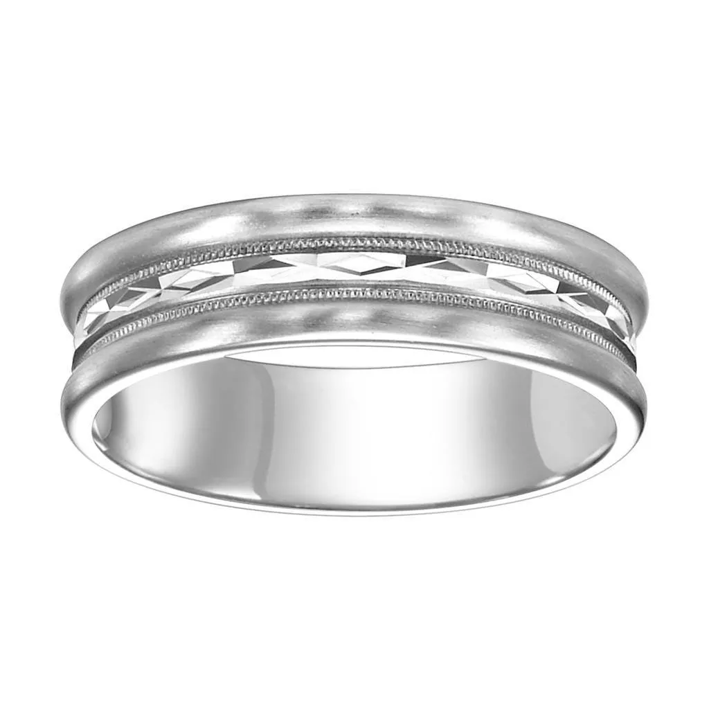 14k White Gold Diamond Cut Center Brushed Finished Raised Round Edges Women's Wedding Ring - 4mm & 6mm