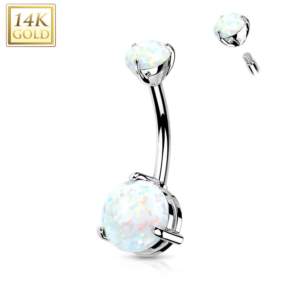 14k White Gold Round Opal Double Prong Set Belly Ring