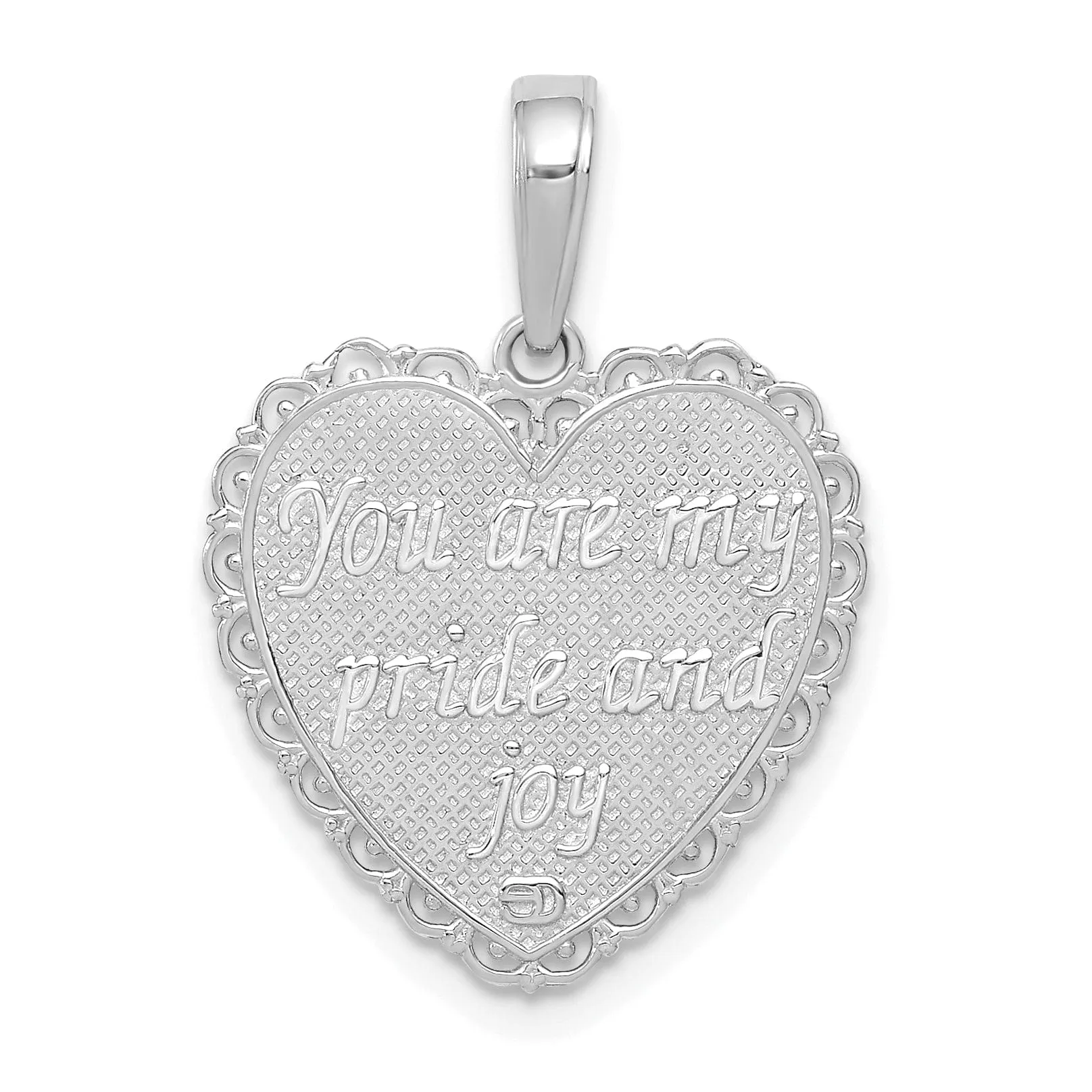 14K White Gold Textured Finish Reversible FOR MY DAUGHTER / YOU ARE MY PRIDE AND JOY Heart Shape Lace Trim Design Charm Pendant