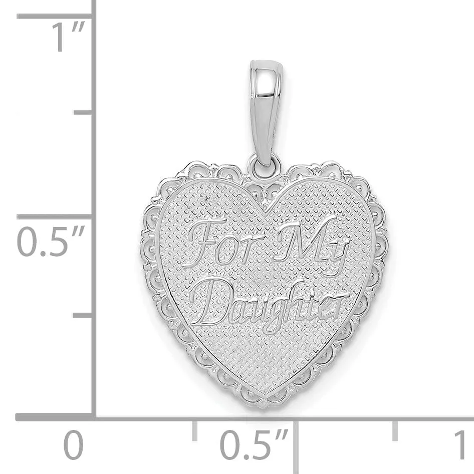 14K White Gold Textured Finish Reversible FOR MY DAUGHTER / YOU ARE MY PRIDE AND JOY Heart Shape Lace Trim Design Charm Pendant