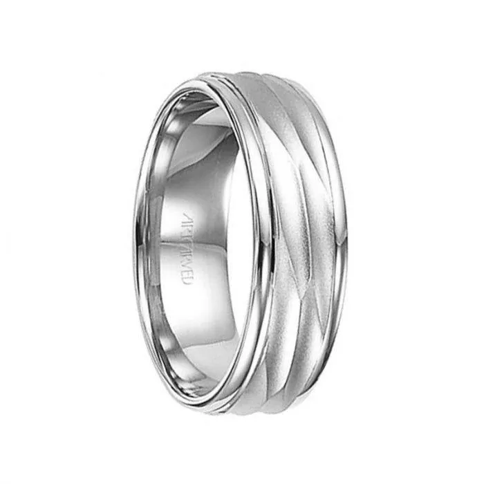 14k White Gold Wedding Band Engraved Center Brushed Finish with Rolled Edges - 7 mm