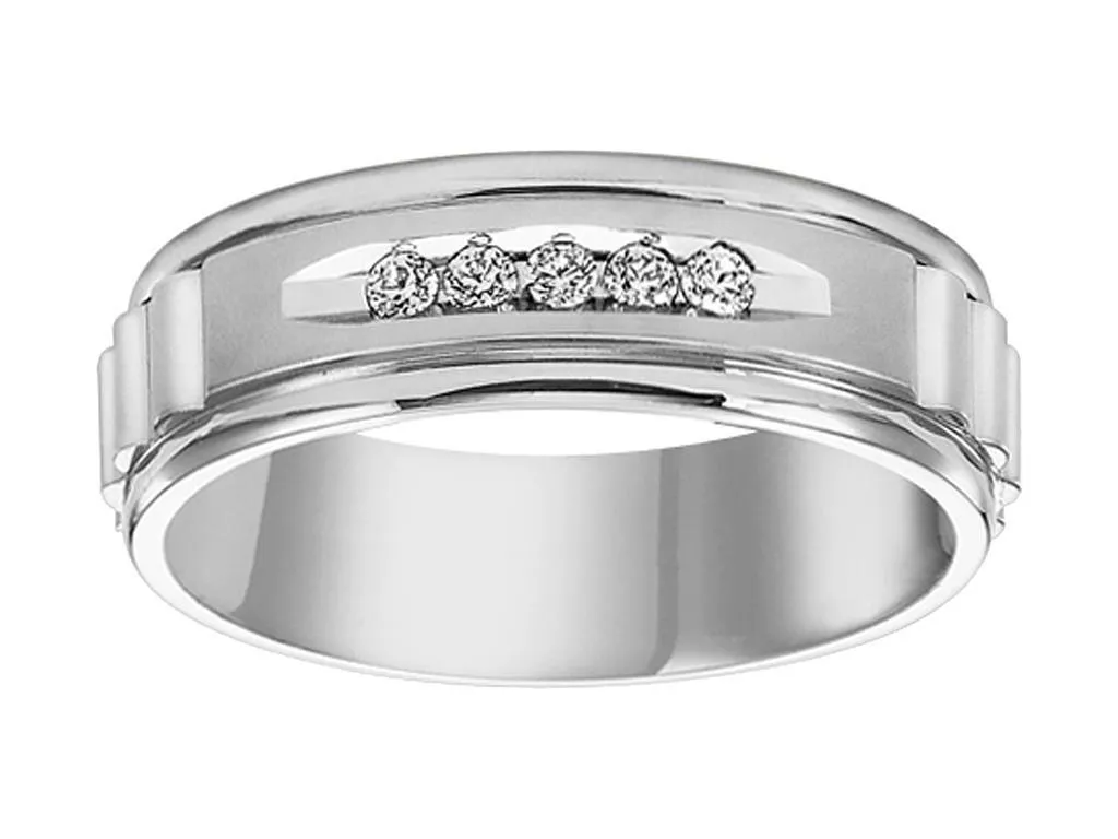 14k White Gold Wedding Band Engraved Textured Finish Center White Diamonds Rolled Edges- 7 mm