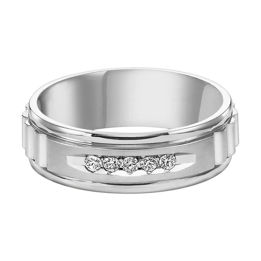 14k White Gold Wedding Band Engraved Textured Finish Center White Diamonds Rolled Edges- 7 mm