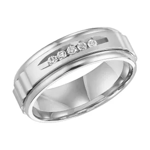 14k White Gold Wedding Band Engraved Textured Finish Center White Diamonds Rolled Edges- 7 mm