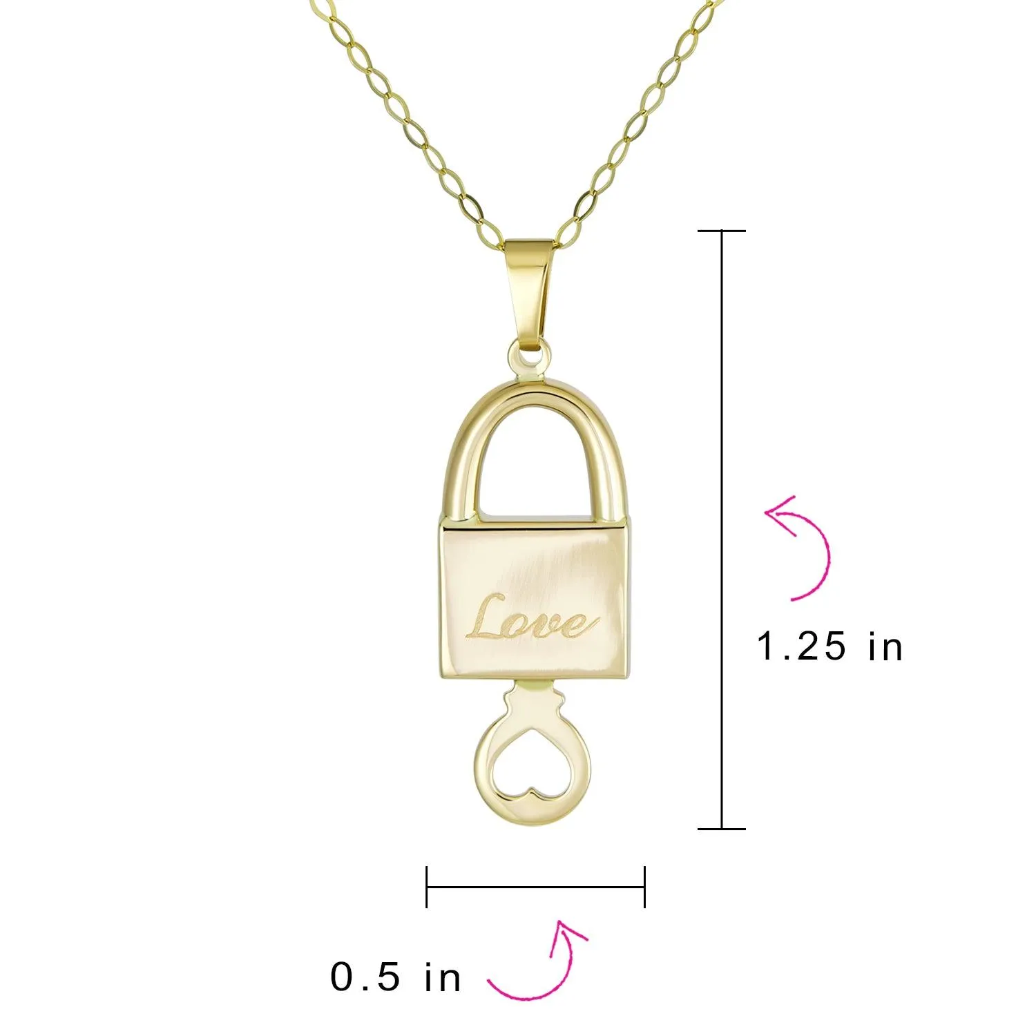 14K Yellow Gold Love Message Lock & Key Heart Pendant Necklace No Chain