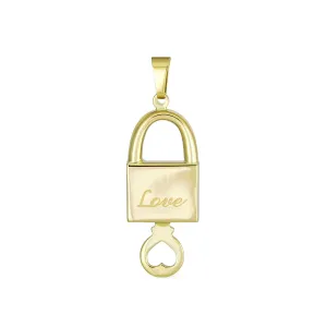 14K Yellow Gold Love Message Lock & Key Heart Pendant Necklace No Chain