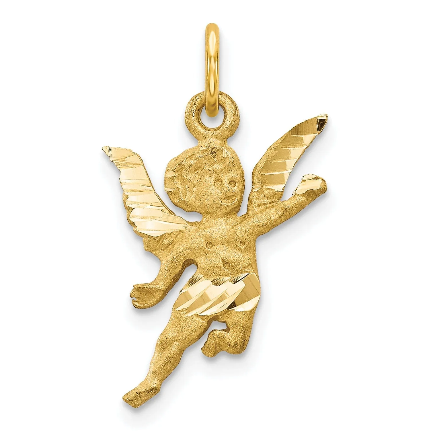 14k Yellow Gold Satin D.C Finish Closed Back Solid Angel Pendant