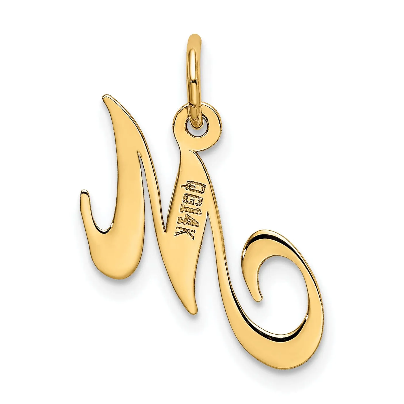 14K Yellow Gold Small Size Fancy Script Letter M Initial Pendant