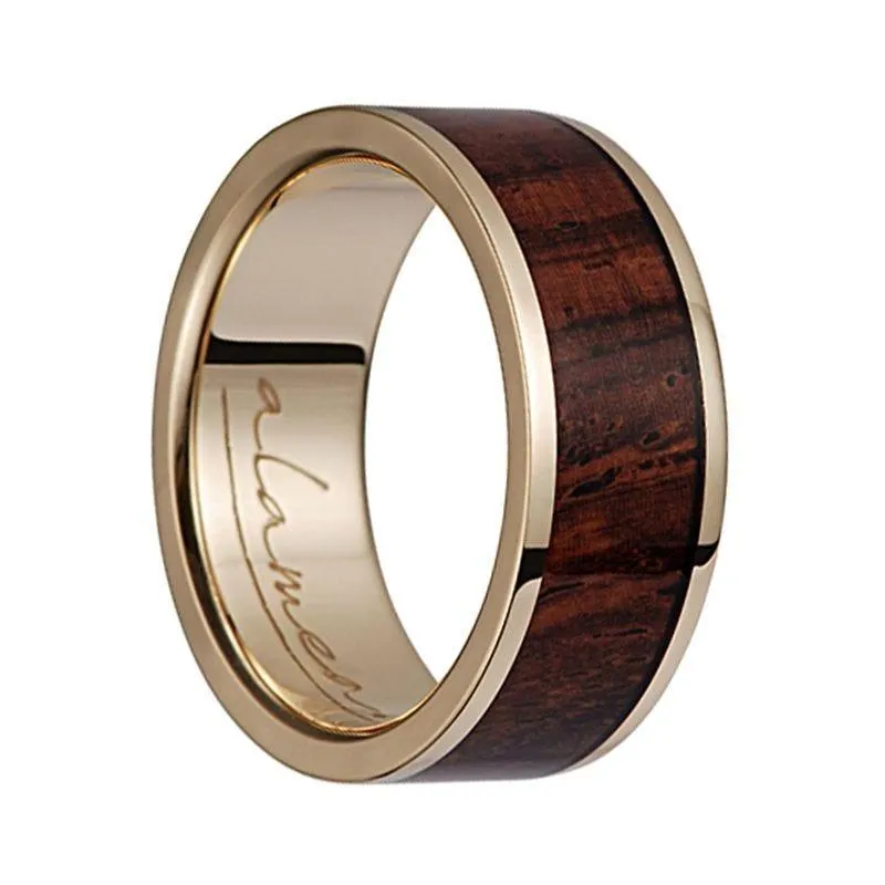 14K Yellow Gold Women's Flat Wedding Ring With Cocobolo Wood Inlay - 4mm & 8mm