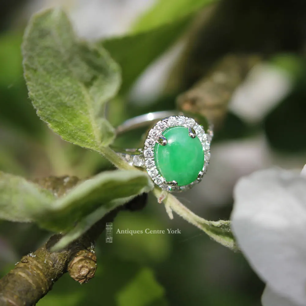 18ct White Gold Fine Jade & Diamond Cluster Ring