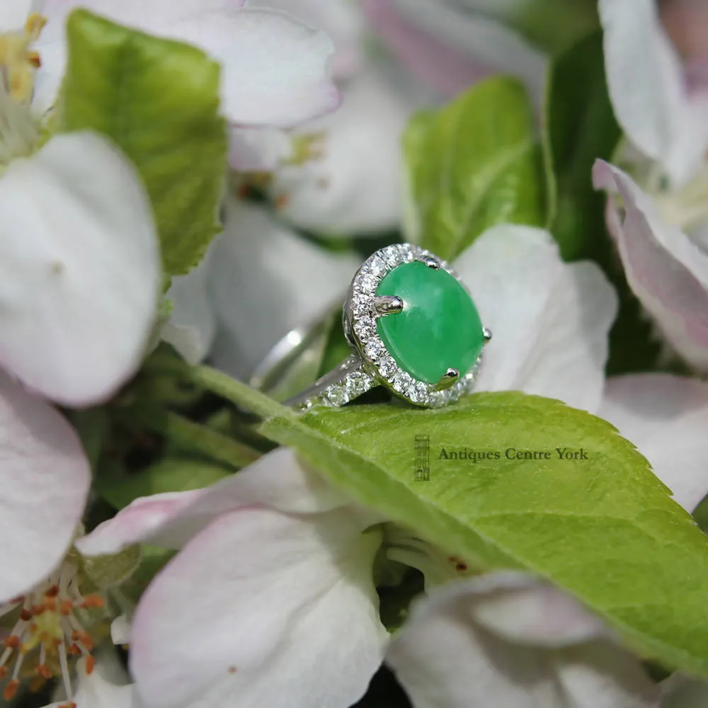 18ct White Gold Fine Jade & Diamond Cluster Ring