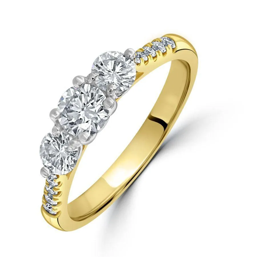 18ct Yellow Gold Round Brilliant Cut Diamond 3-Stone Ring with Diamond Shoulders