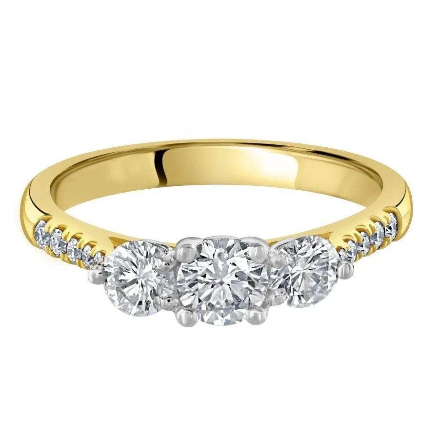 18ct Yellow Gold Round Brilliant Cut Diamond 3-Stone Ring with Diamond Shoulders