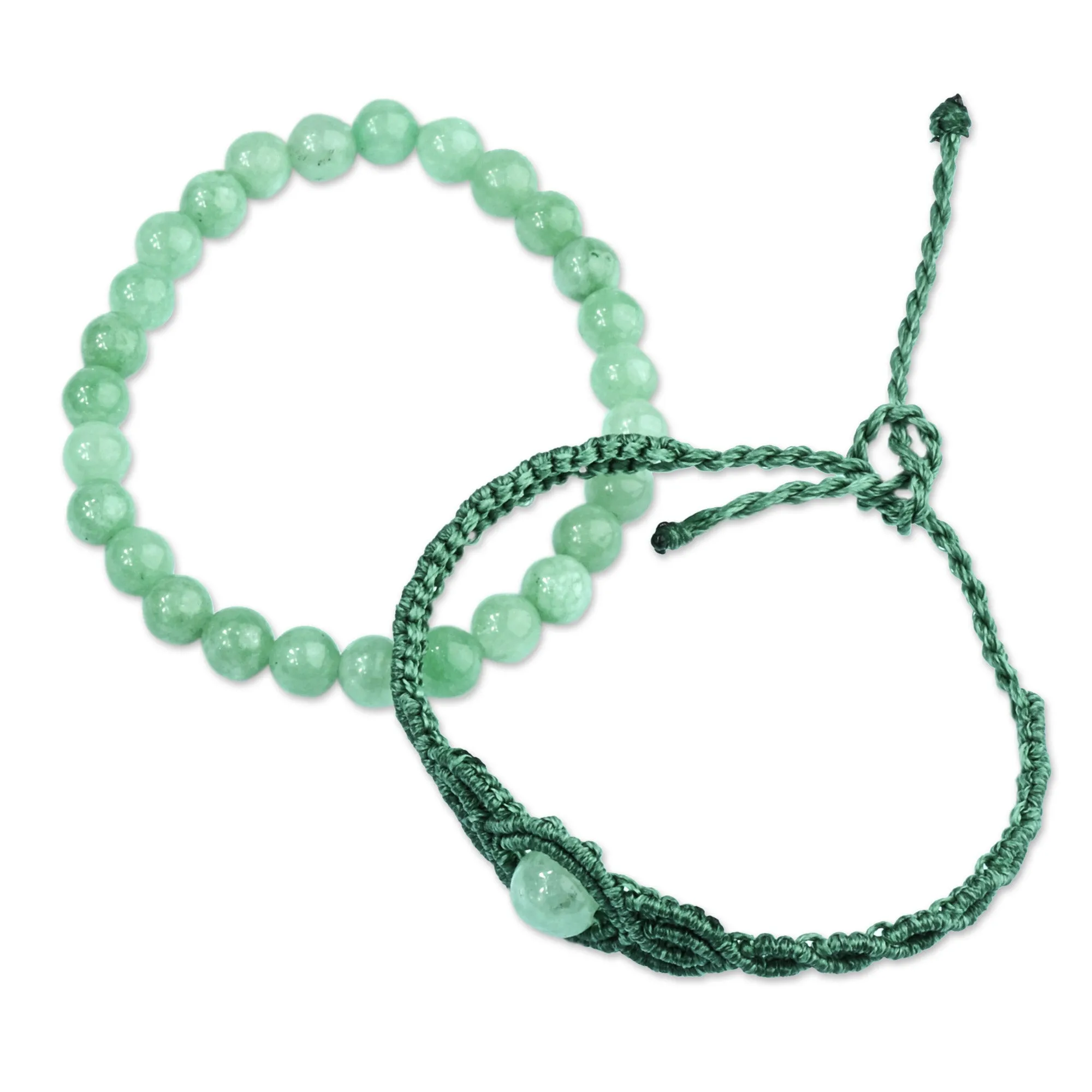 2 Jade Macrame Pendant and Beaded Stretch Bracelets in Aqua - Colorful Duo | NOVICA