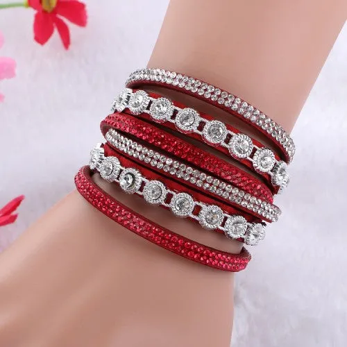 2016New Multilayer crystal Wrap bracelet Rhinestone   deluxe bracelet Double wrap leather bangle Pulseiras