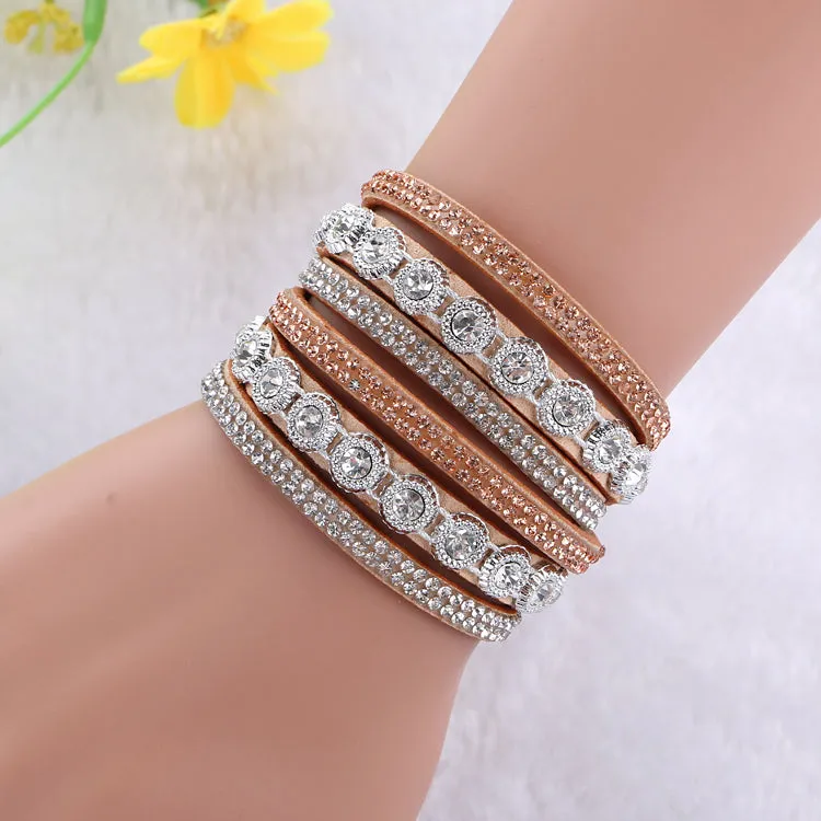 2016New Multilayer crystal Wrap bracelet Rhinestone   deluxe bracelet Double wrap leather bangle Pulseiras