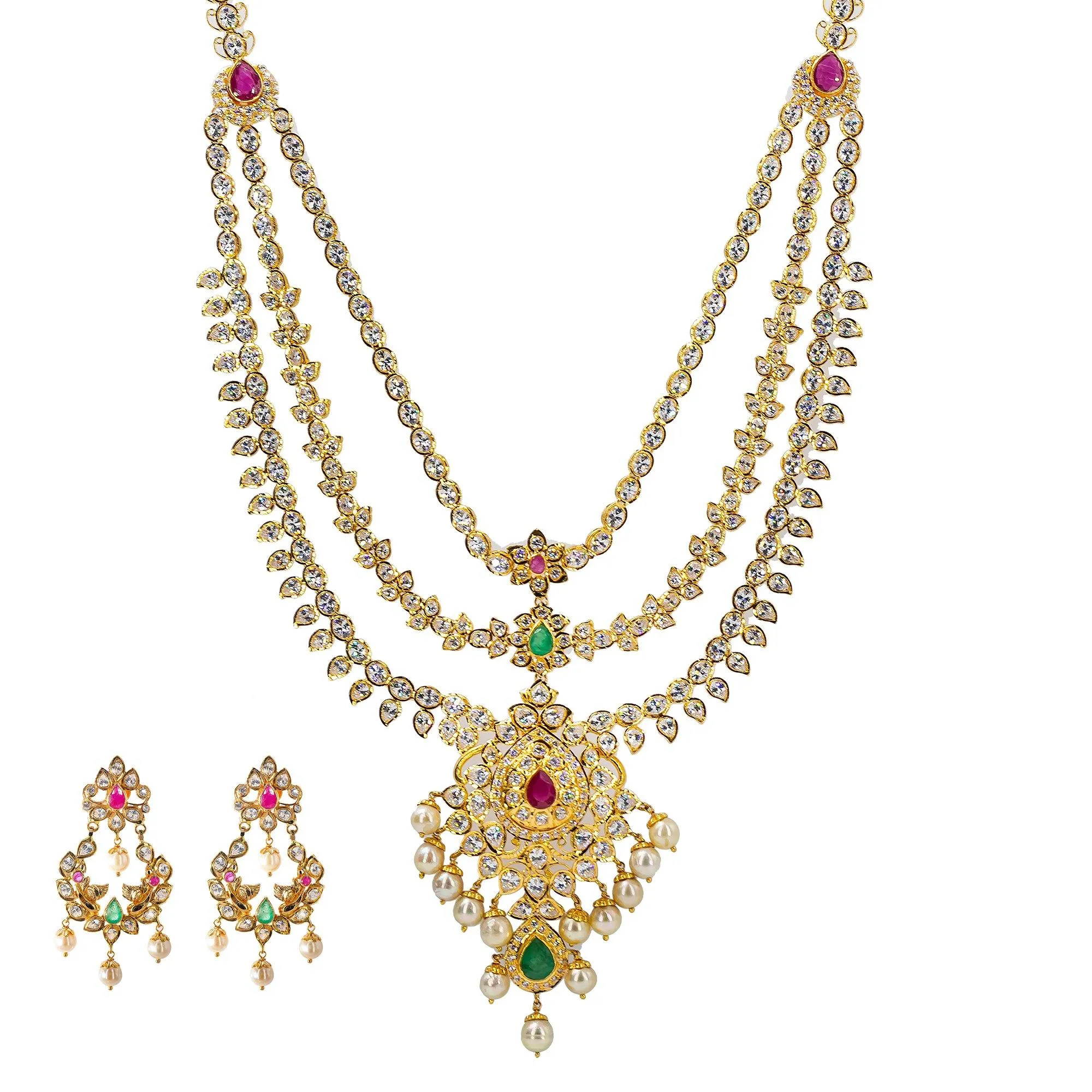 22K Yellow Gold Chandelier Necklace & Earrings Set W/ Emeralds, Rubies, Pachi CZ & Pearls