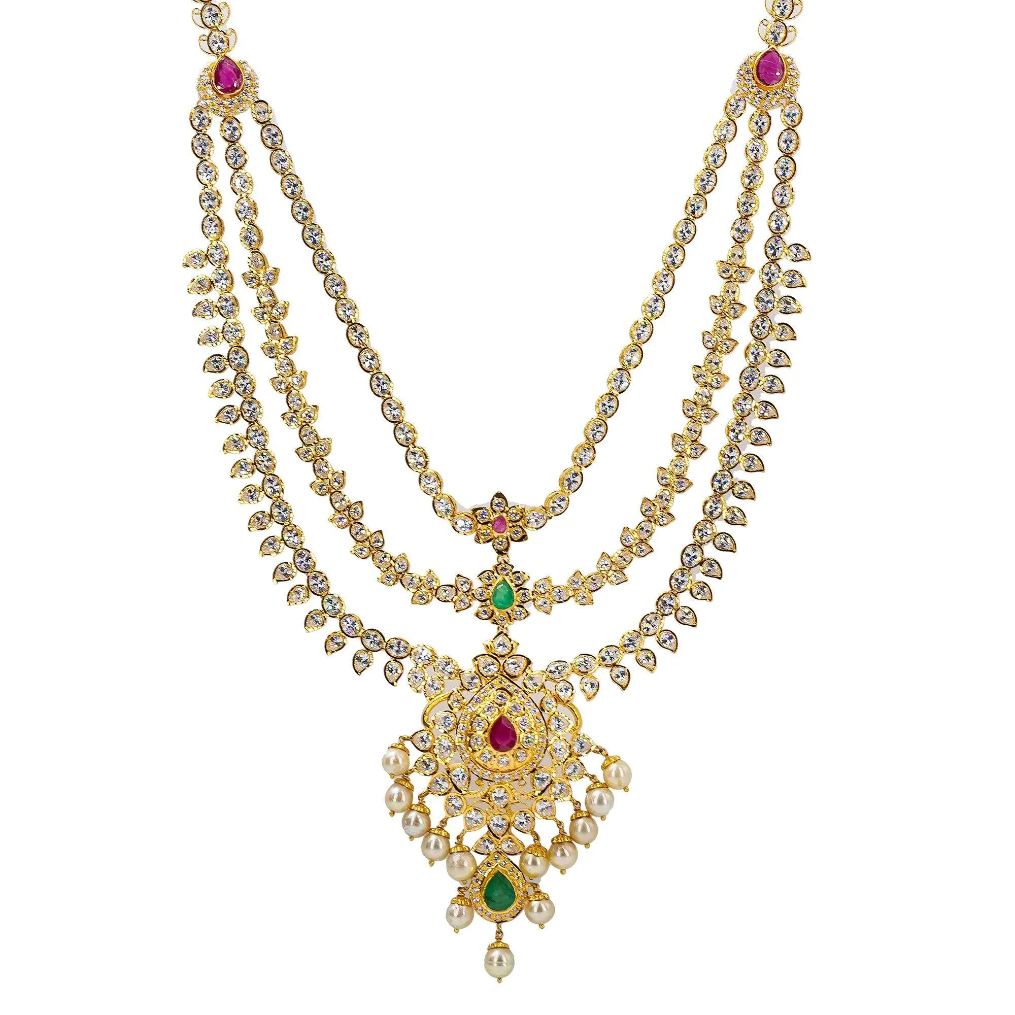 22K Yellow Gold Chandelier Necklace & Earrings Set W/ Emeralds, Rubies, Pachi CZ & Pearls