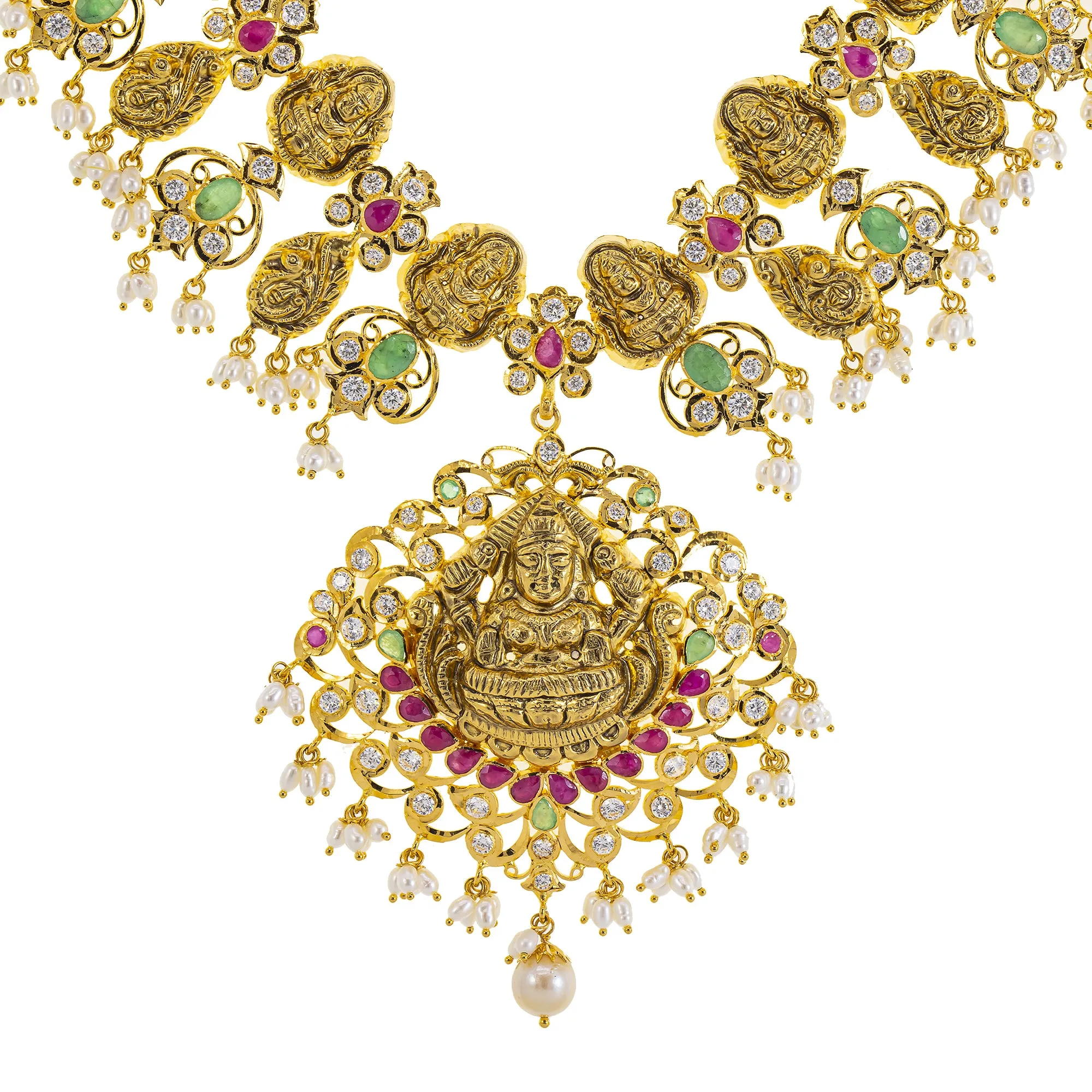 22K Yellow Gold Temple Necklace w/ Emerald, Ruby, Pearl & CZ (87.2gm)