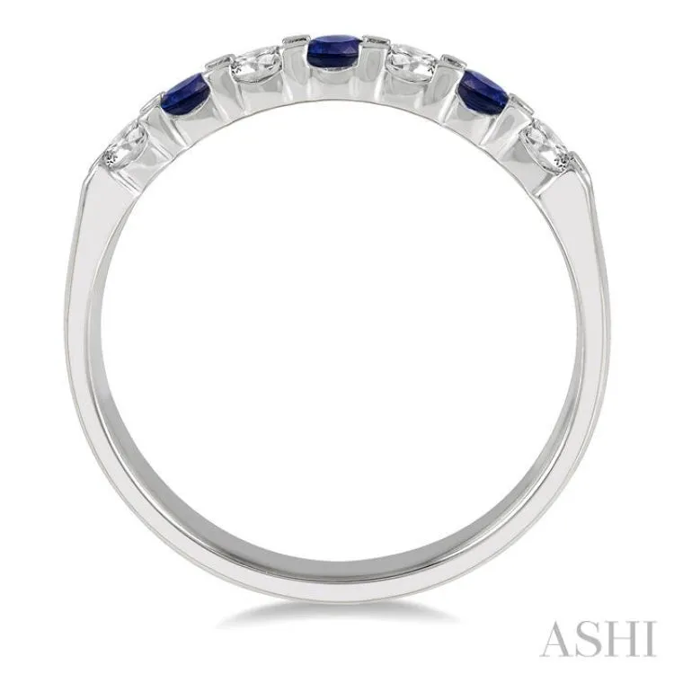 3/8 ctw Round Cut Diamond and 3MM Sapphire Precious Wedding Band in 14K White Gold