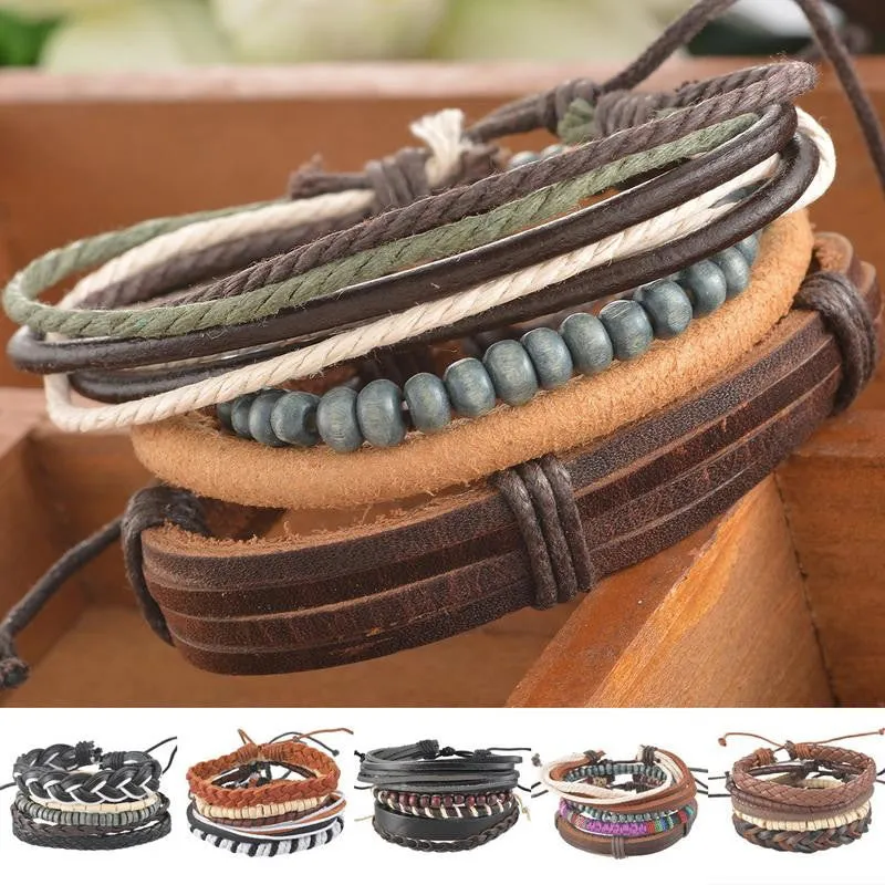 4pcs Braided Adjustable Leather Bracelet  Cuff  Women &  Men Casual Jewelry