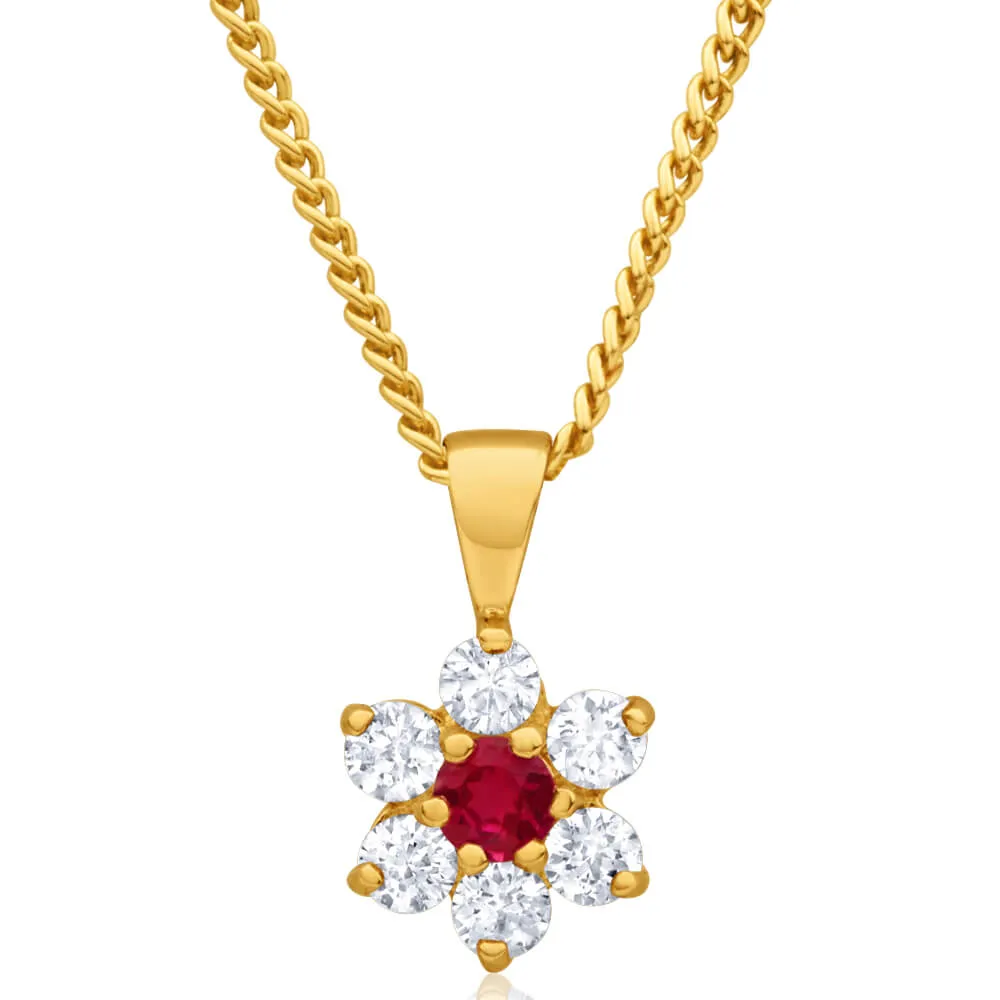 9ct Yellow Gold Created Ruby   Cubic Zirconia Flower Pendant