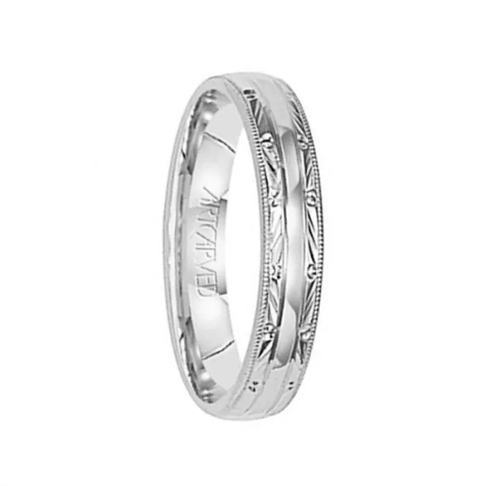 ADAIR 14k White Gold Wedding Band with Swiss Cut Center Milgrain Flat Edges by Artcarved - 4 mm