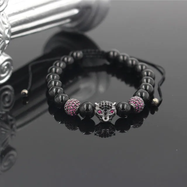 Anil Arjandas Macrame Bracelet Brass Crystal Leopard Head Charm 8mm Black Onyx Stone Bead Braided Weave Adjustable Men Bracelet