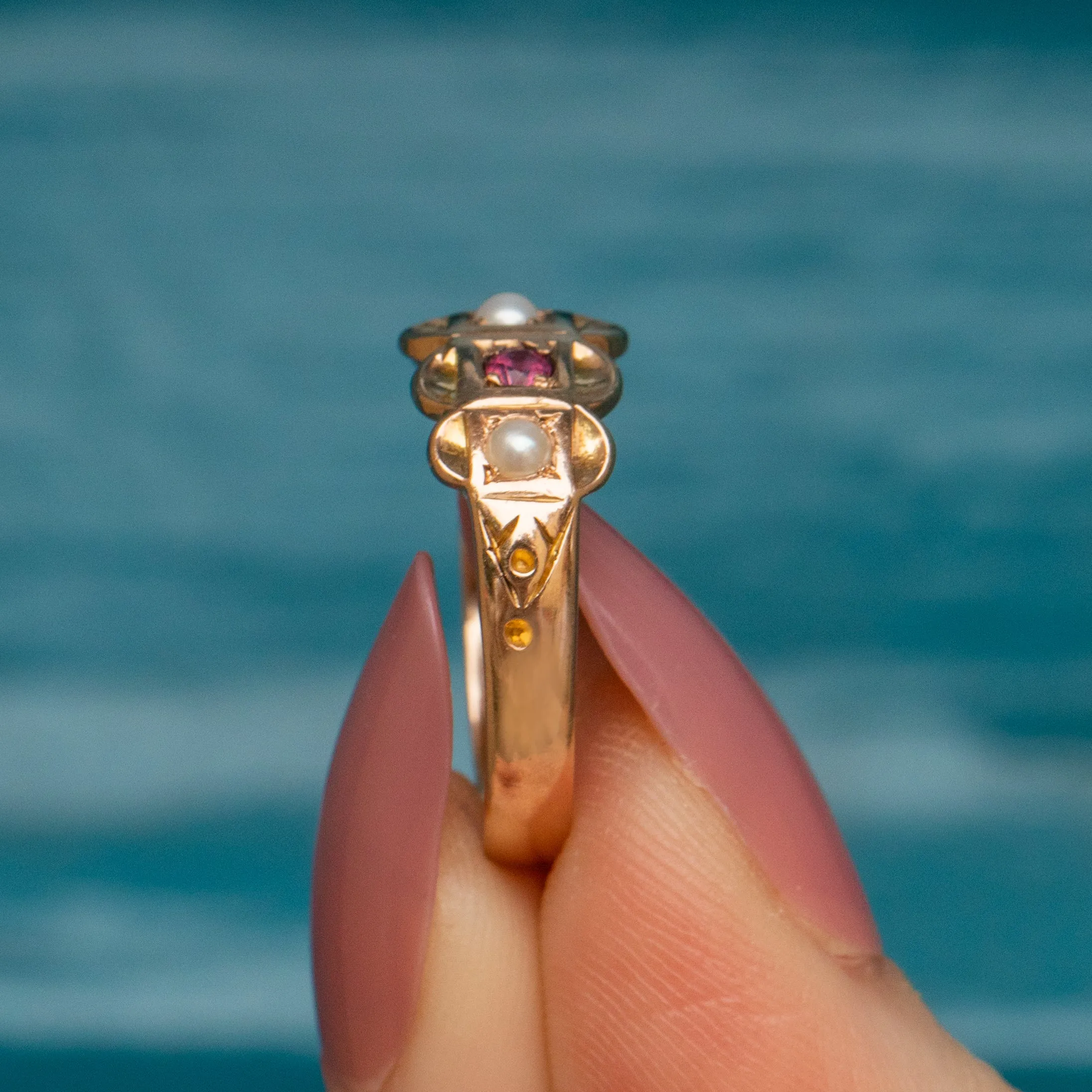 Antique 9ct Gold Garnet Pearl Ring, Scallop Edge