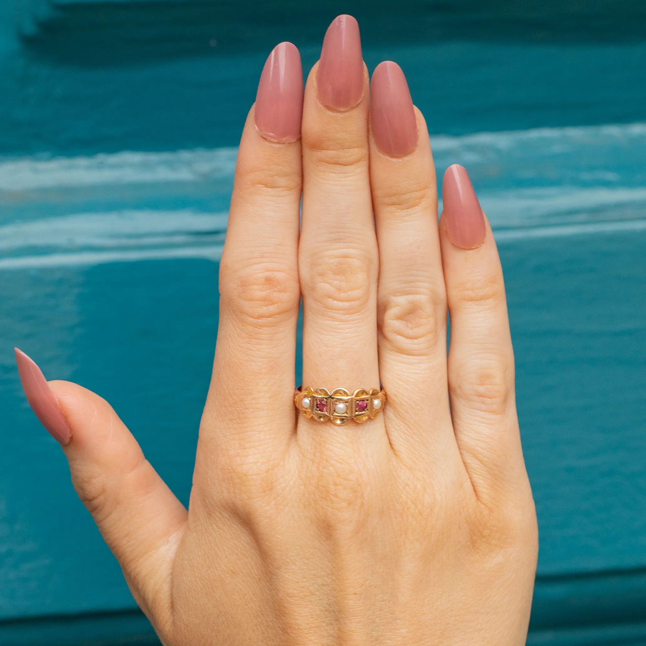 Antique 9ct Gold Garnet Pearl Ring, Scallop Edge