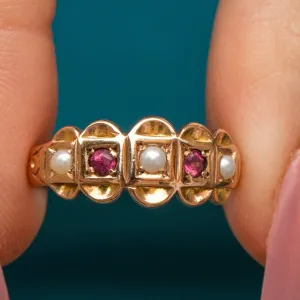 Antique 9ct Gold Garnet Pearl Ring, Scallop Edge