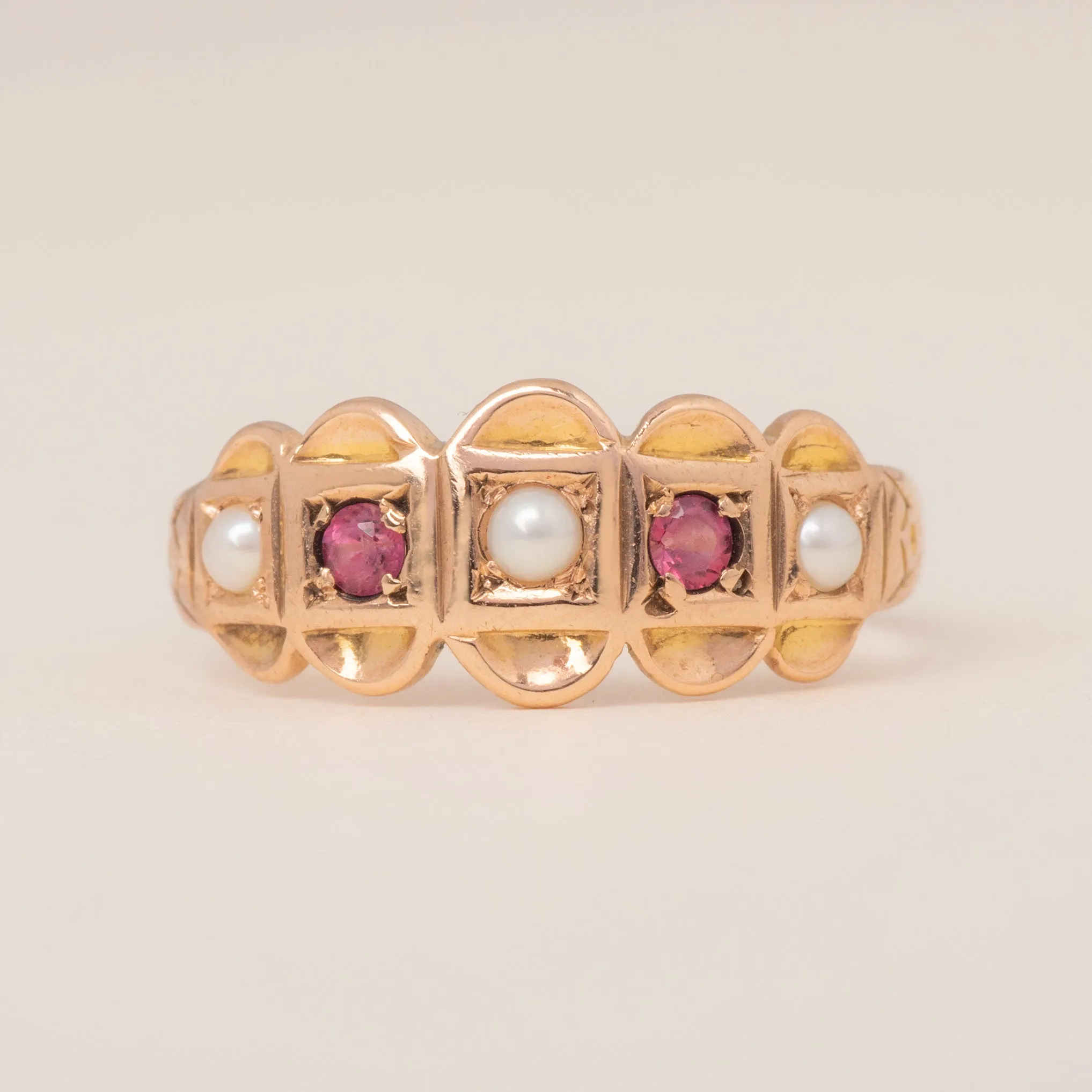 Antique 9ct Gold Garnet Pearl Ring, Scallop Edge