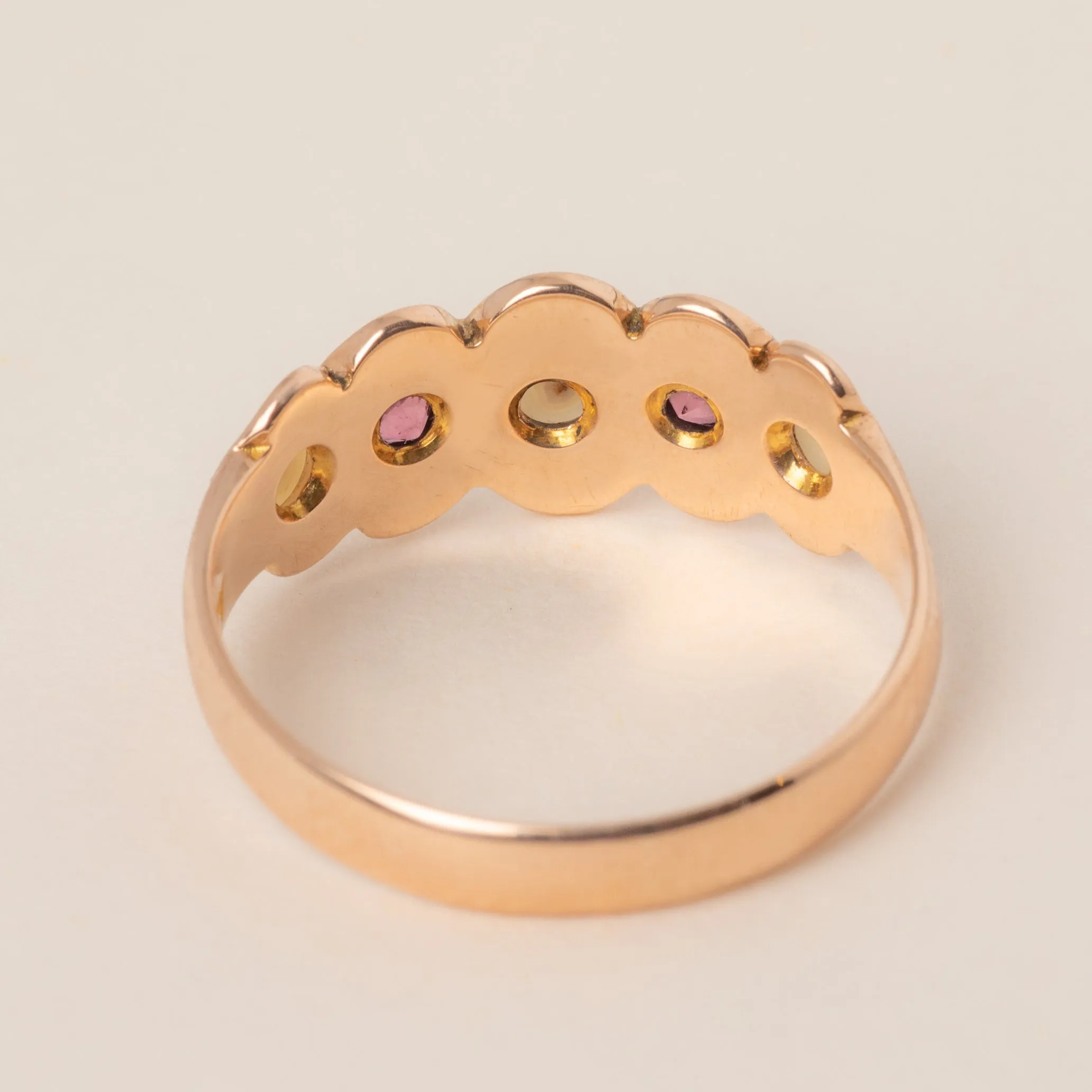 Antique 9ct Gold Garnet Pearl Ring, Scallop Edge