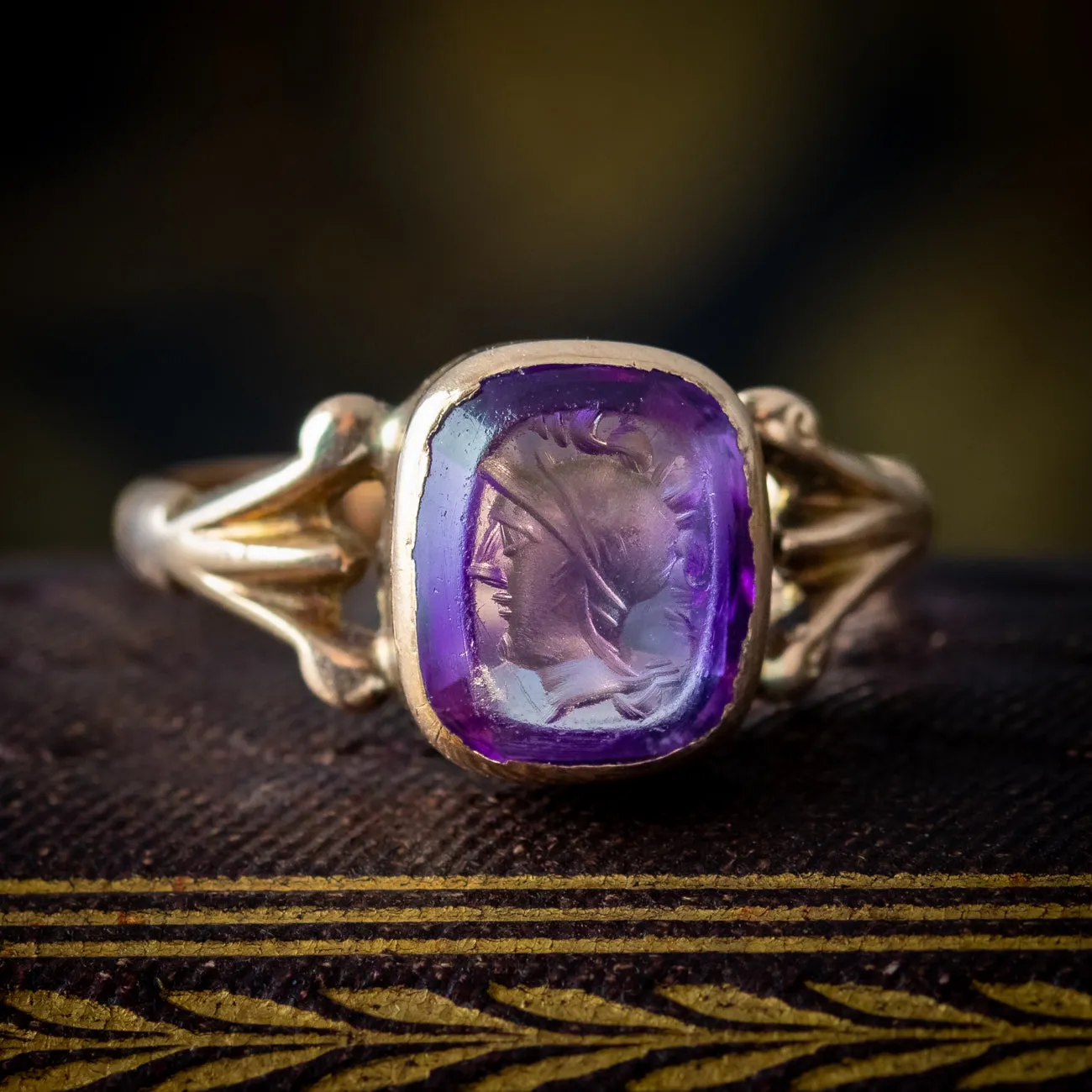 Antique Edwardian Amethyst Intaglio Seal Ring Dated 1915