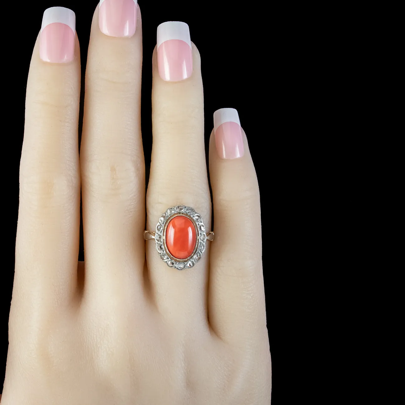 Antique Edwardian Coral Diamond Cluster Ring