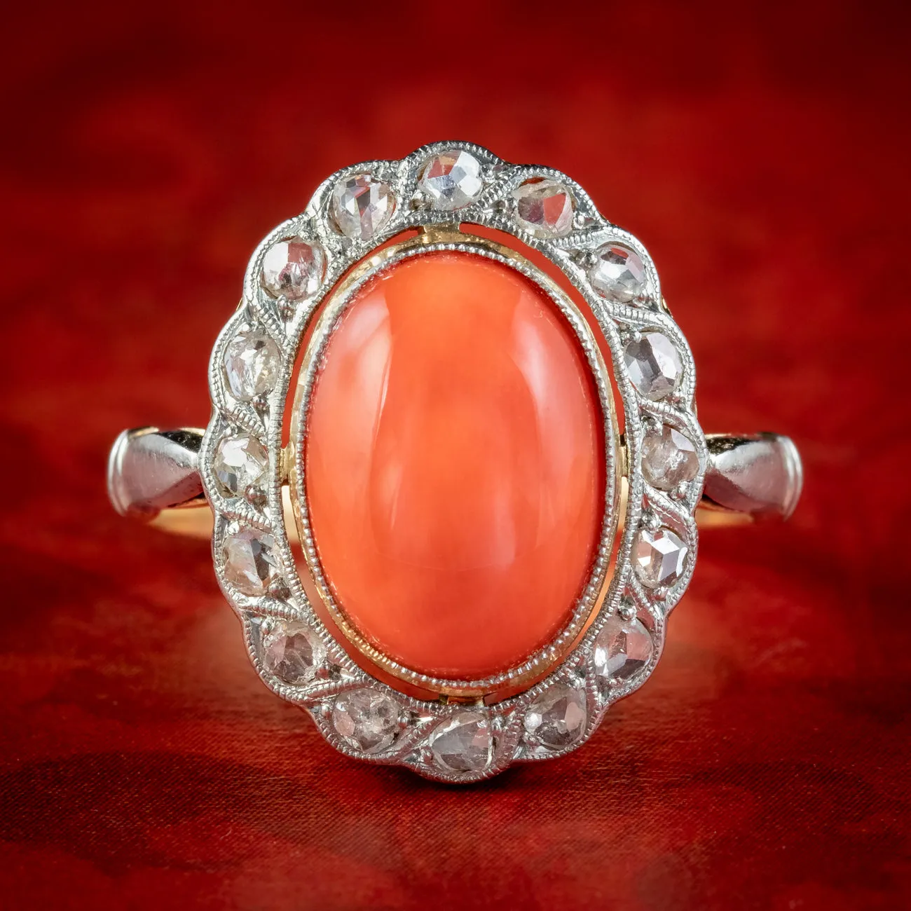 Antique Edwardian Coral Diamond Cluster Ring