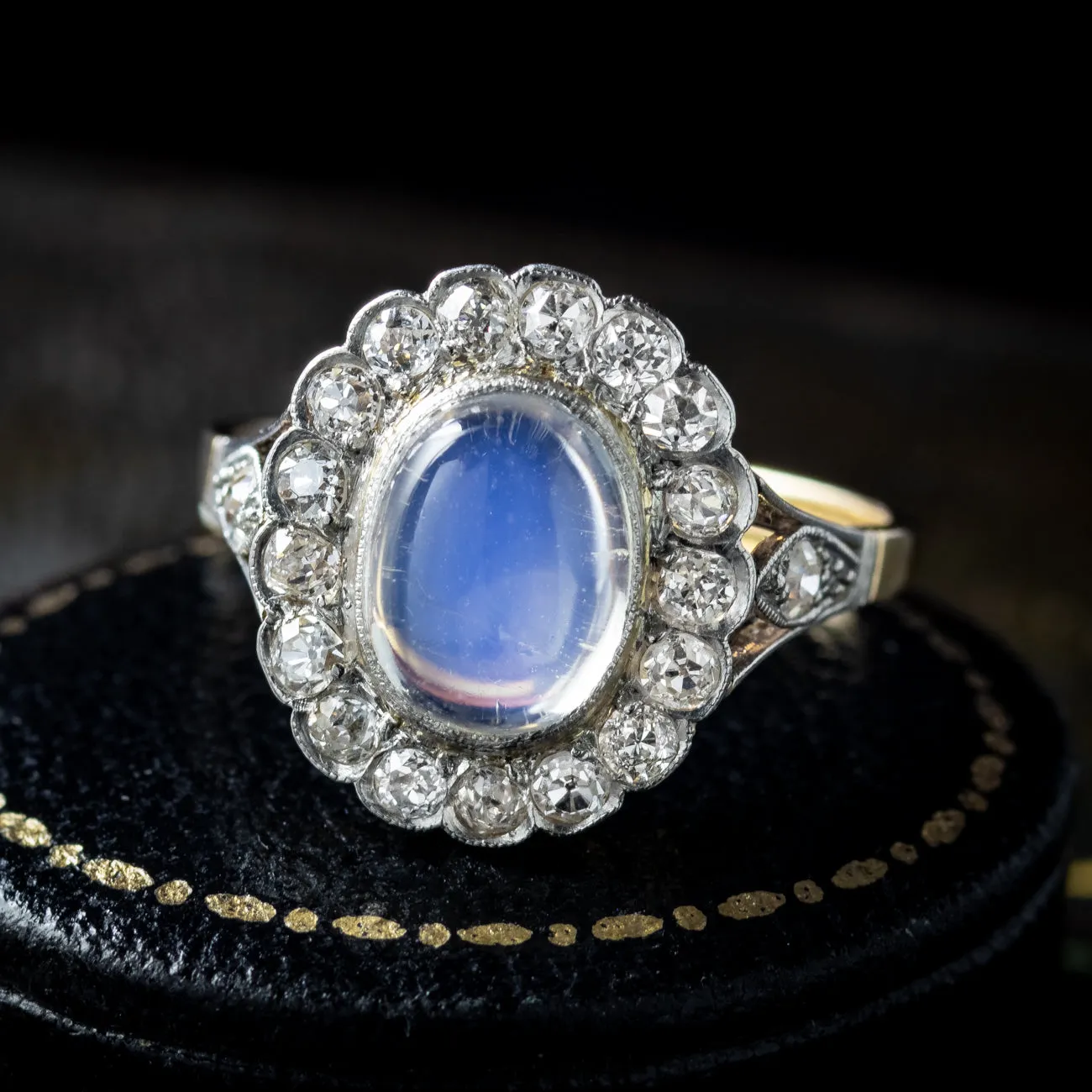 Antique Edwardian Moonstone Diamond Cluster Ring 1.45ct Moonstone