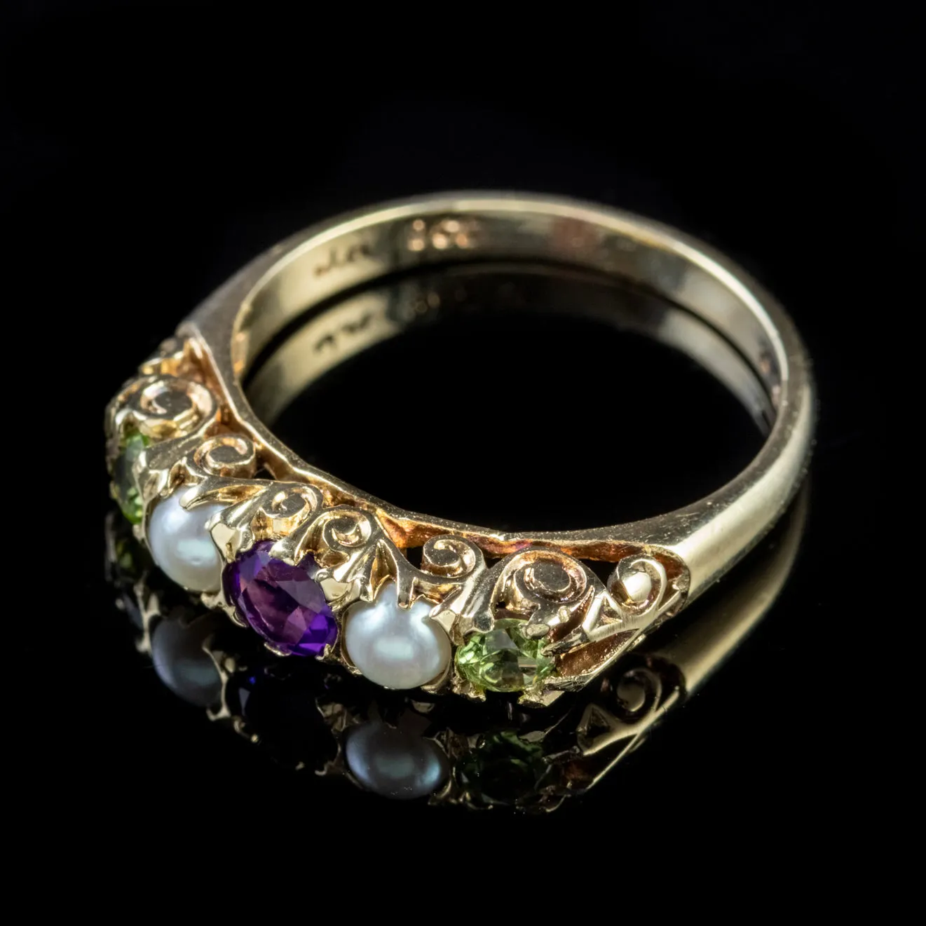 Antique Edwardian Suffragette Gold Ring Amethyst Pearl Peridot Circa 1900